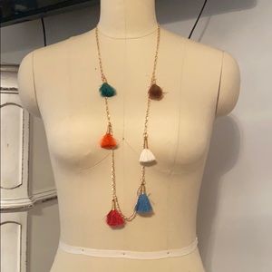 Gold chain necklace with multi color tassels